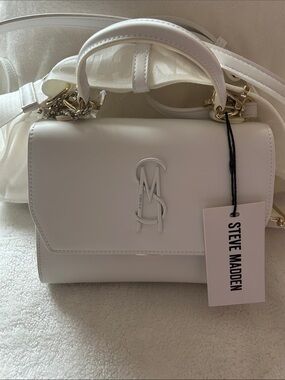 NWT. Steve Madden White Leather Top-Handle Satchel with Chain Accent